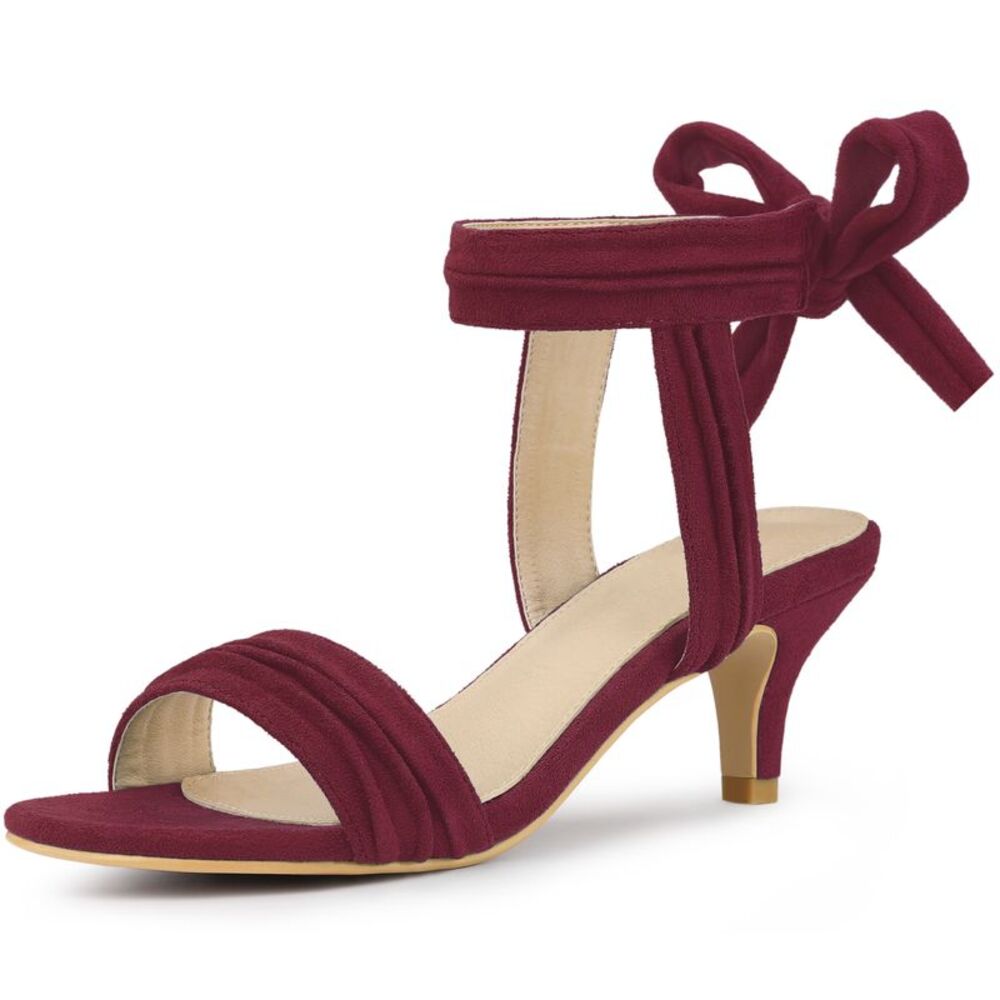 Open Toe Ankle Tie Bridal Kitten Heels Sandals Burgundy